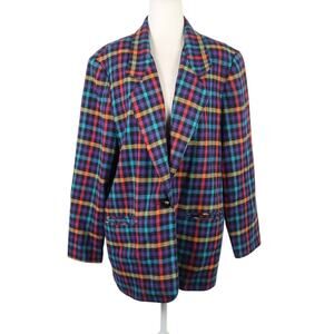 Vintage 80s Enticements black multicolor plaid wool blazer jacket 12